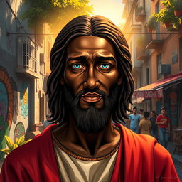 A striking artistic portrayal of a black Jesus Christ with blue eyes, standing in the lively neighborhood of Nazaré
