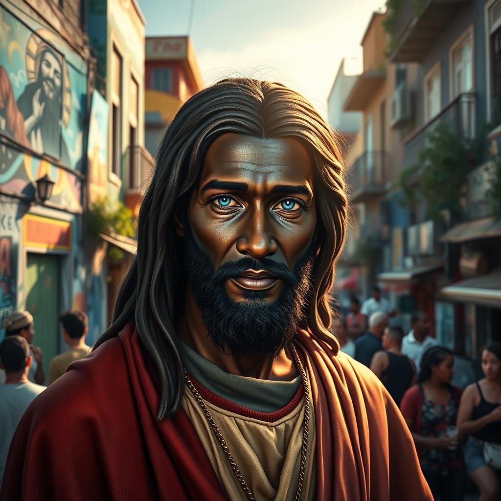 A striking artistic portrayal of a black Jesus Christ with blue eyes, standing in the lively neighborhood of Nazaré