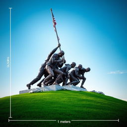 A detailed and accurate depiction of the Iwo Jima Memorial, showcasing its real-life dimensions with measurements displayed in meters alongside the monument