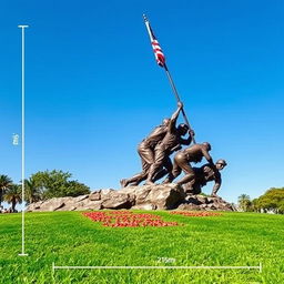 A detailed and accurate depiction of the Iwo Jima Memorial, showcasing its real-life dimensions with measurements displayed in meters alongside the monument
