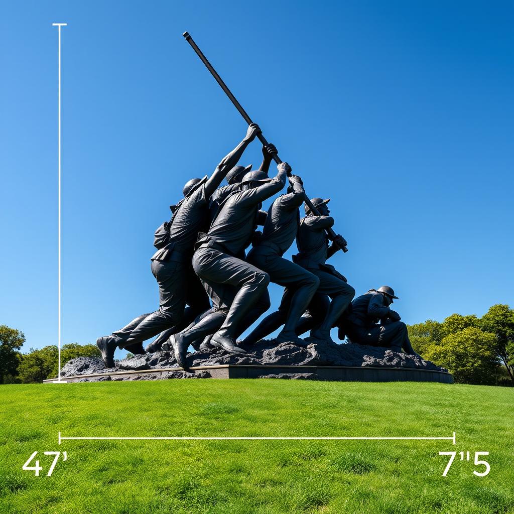 A detailed and accurate depiction of the Iwo Jima Memorial, showcasing its real-life dimensions with measurements displayed in meters alongside the monument