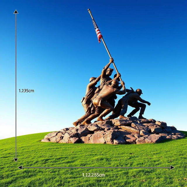 A detailed and accurate depiction of the Iwo Jima Memorial, showcasing its real-life dimensions with measurements displayed in meters alongside the monument