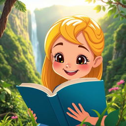 A joyful animated girl with bright blonde hair and rich brown eyes, deeply engrossed in reading a captivating tale
