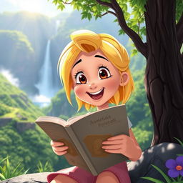 A joyful animated girl with bright blonde hair and rich brown eyes, deeply engrossed in reading a captivating tale