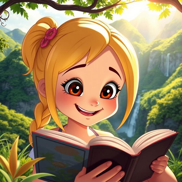 A joyful animated girl with bright blonde hair and rich brown eyes, deeply engrossed in reading a captivating tale