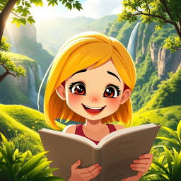 A joyful animated girl with bright blonde hair and rich brown eyes, deeply engrossed in reading a captivating tale