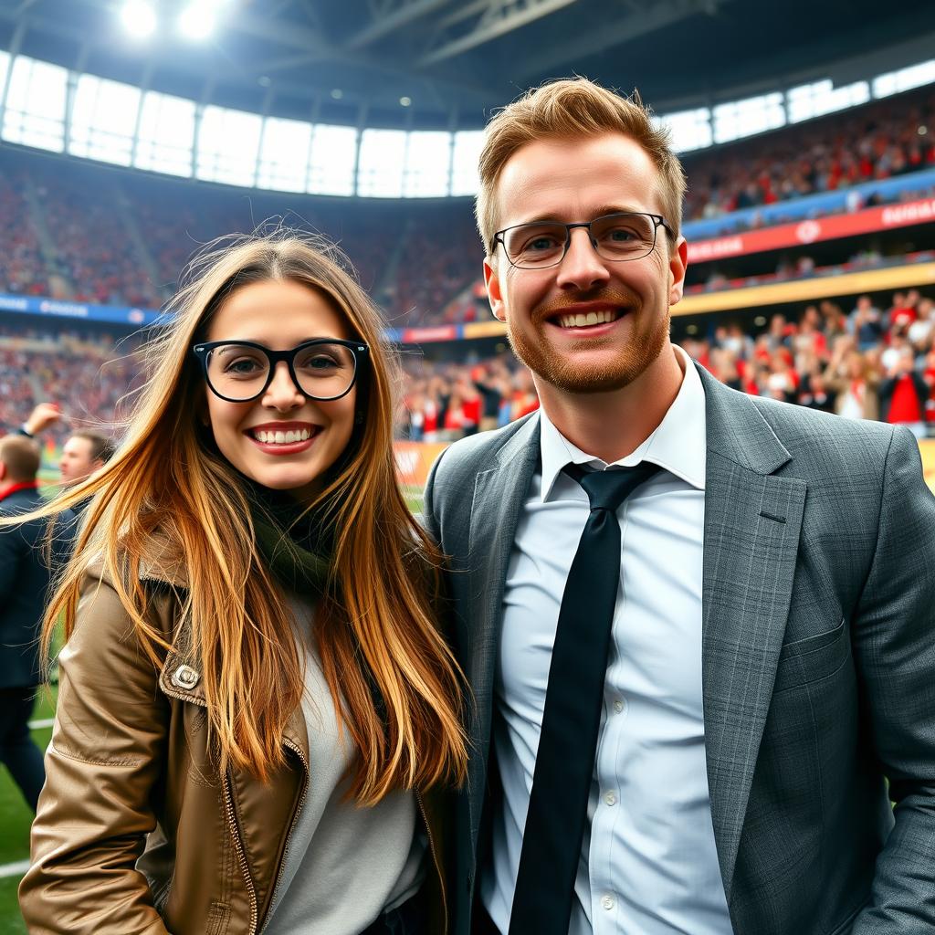 A young woman wearing stylish glasses poses for a photo with Erling Haaland, capturing a joyful moment