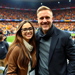 A young woman wearing stylish glasses poses for a photo with Erling Haaland, capturing a joyful moment