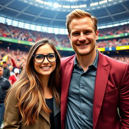 A young woman wearing stylish glasses poses for a photo with Erling Haaland, capturing a joyful moment