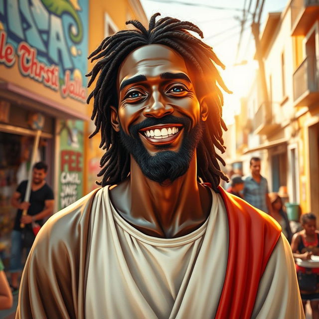 An uplifting artistic representation of a black Jesus Christ with blue eyes, smiling warmly as he stands in the lively neighborhood of Nazaré