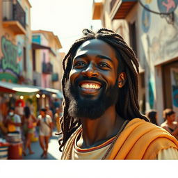 An uplifting artistic representation of a black Jesus Christ with blue eyes, smiling warmly as he stands in the lively neighborhood of Nazaré