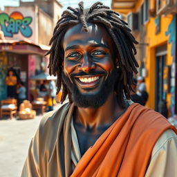 An uplifting artistic representation of a black Jesus Christ with blue eyes, smiling warmly as he stands in the lively neighborhood of Nazaré