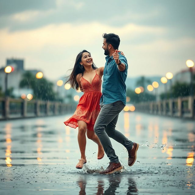 A joyful couple dancing in the rain, surrounded by a romantic atmosphere, with raindrops glistening in the air