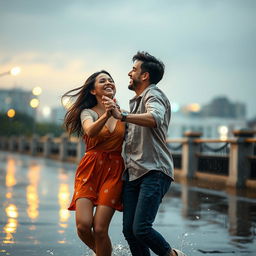 A joyful couple dancing in the rain, surrounded by a romantic atmosphere, with raindrops glistening in the air