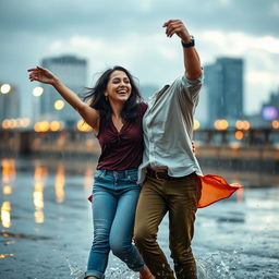 A joyful couple dancing in the rain, surrounded by a romantic atmosphere, with raindrops glistening in the air