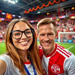 A young woman wearing stylish glasses, posing for a selfie with Erling Braut Haaland, a famous football player