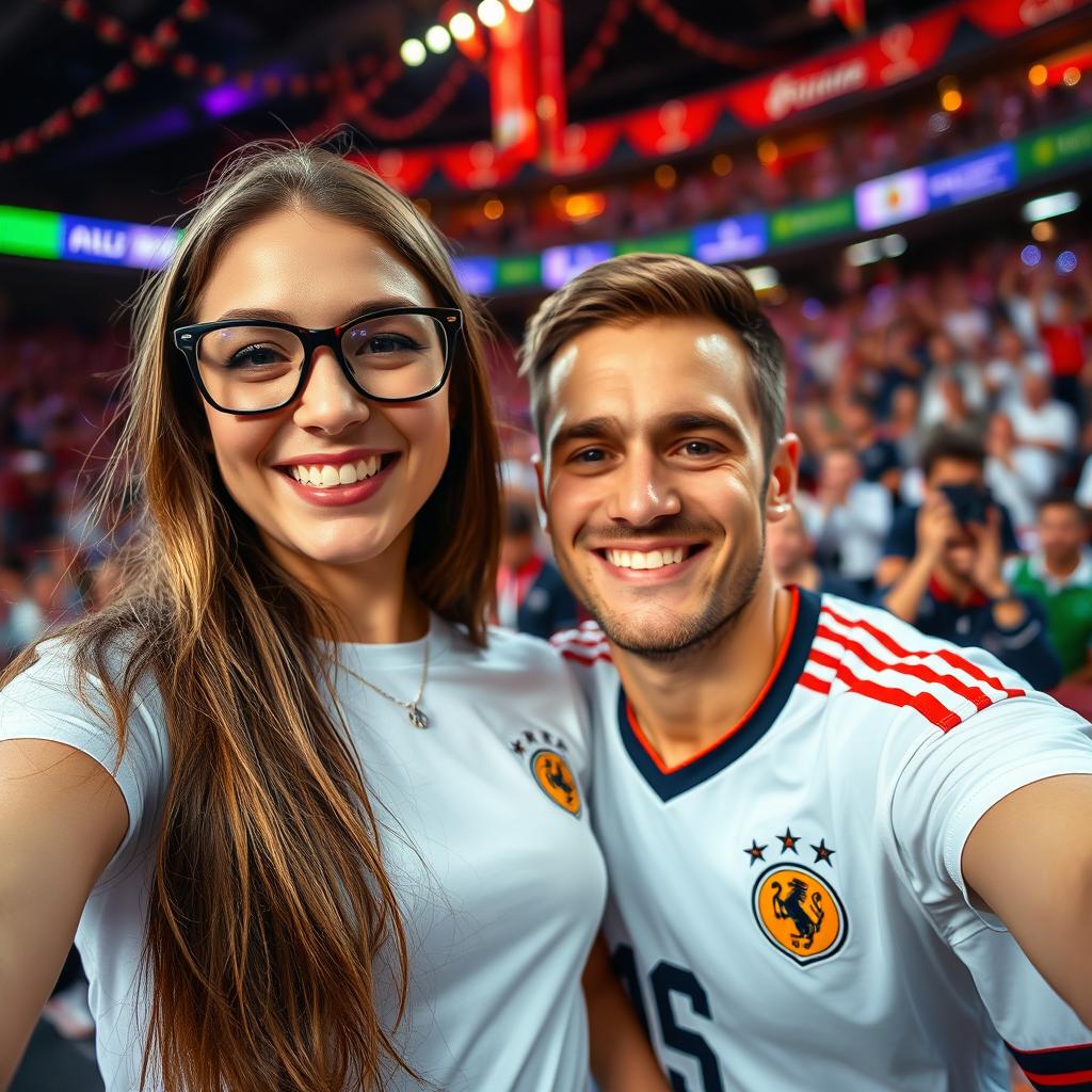 A young woman wearing stylish glasses, posing for a selfie with Erling Braut Haaland, a famous football player