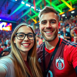A young woman wearing stylish glasses, posing for a selfie with Erling Braut Haaland, a famous football player