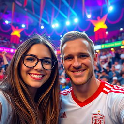 A young woman wearing stylish glasses, posing for a selfie with Erling Braut Haaland, a famous football player