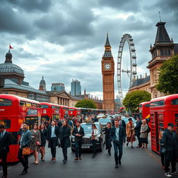 A visually striking representation of the essence of London, capturing iconic landmarks such as the Tower Bridge, Big Ben, and the London Eye