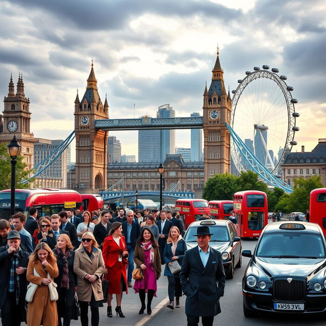 A visually striking representation of the essence of London, capturing iconic landmarks such as the Tower Bridge, Big Ben, and the London Eye