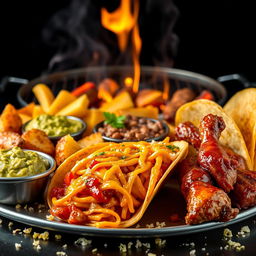 A hyper-realistic image showcasing an array of delicious snacks, including guacamole, golden wedge potatoes, refried beans topped with cheese, crispy golden tacos, and BBQ chicken wings