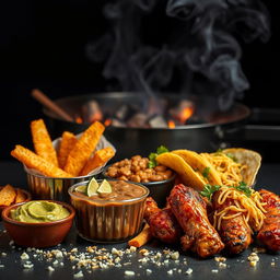 A hyper-realistic image showcasing an array of delicious snacks, including guacamole, golden wedge potatoes, refried beans topped with cheese, crispy golden tacos, and BBQ chicken wings