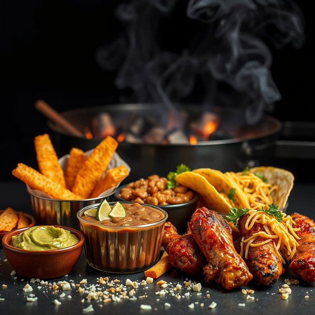 A hyper-realistic image showcasing an array of delicious snacks, including guacamole, golden wedge potatoes, refried beans topped with cheese, crispy golden tacos, and BBQ chicken wings