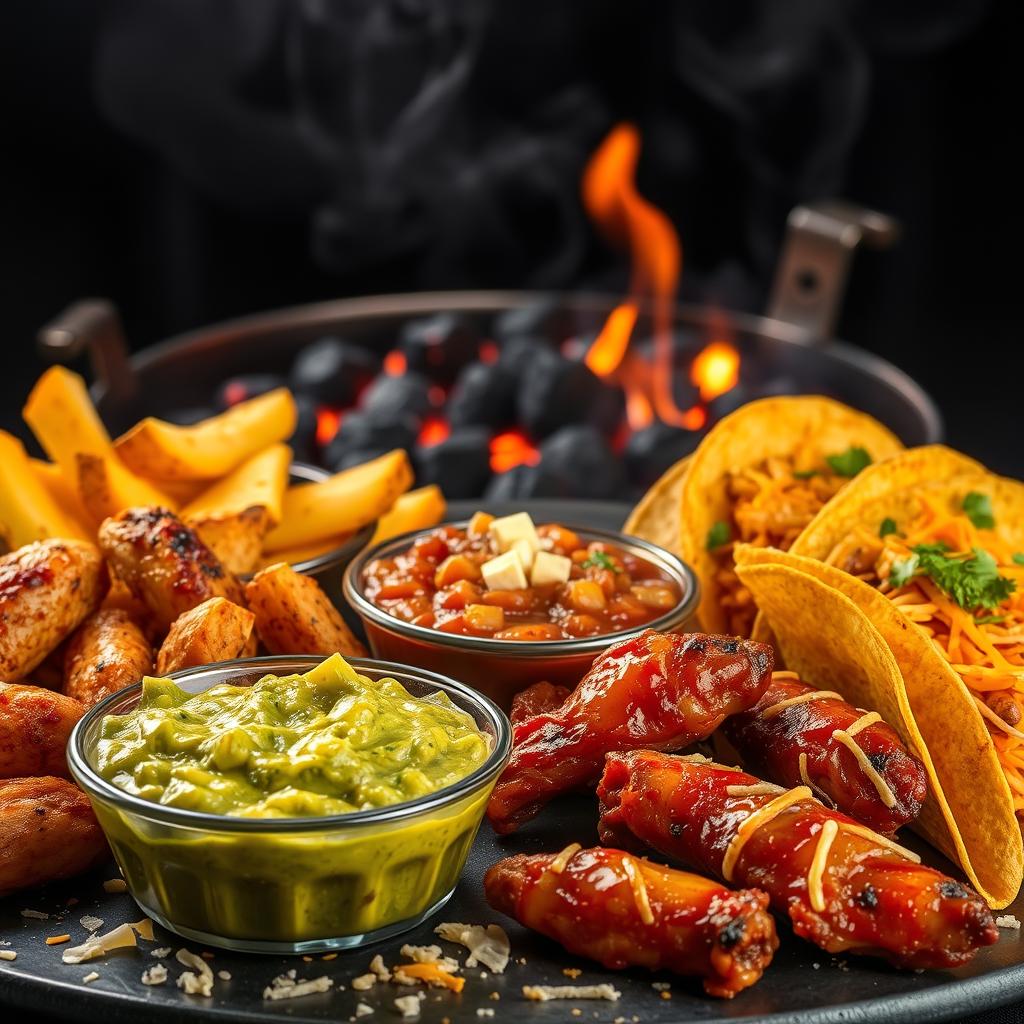 A hyper-realistic image showcasing an array of delicious snacks, including guacamole, golden wedge potatoes, refried beans topped with cheese, crispy golden tacos, and BBQ chicken wings