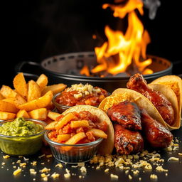A hyper-realistic image showcasing an array of delicious snacks, including guacamole, golden wedge potatoes, refried beans topped with cheese, crispy golden tacos, and BBQ chicken wings