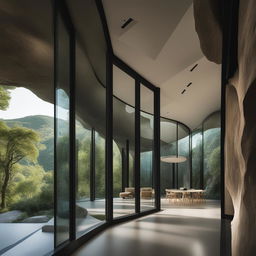 An architectural photograph of a modern glass house nestled within a dramatic cave interior adorned with Roman pillars