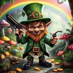 A small, cute, and funny fantasy Irish leprechaun with a mischievous smile, holding a shiny gun in one hand and a smoking pipe in the other