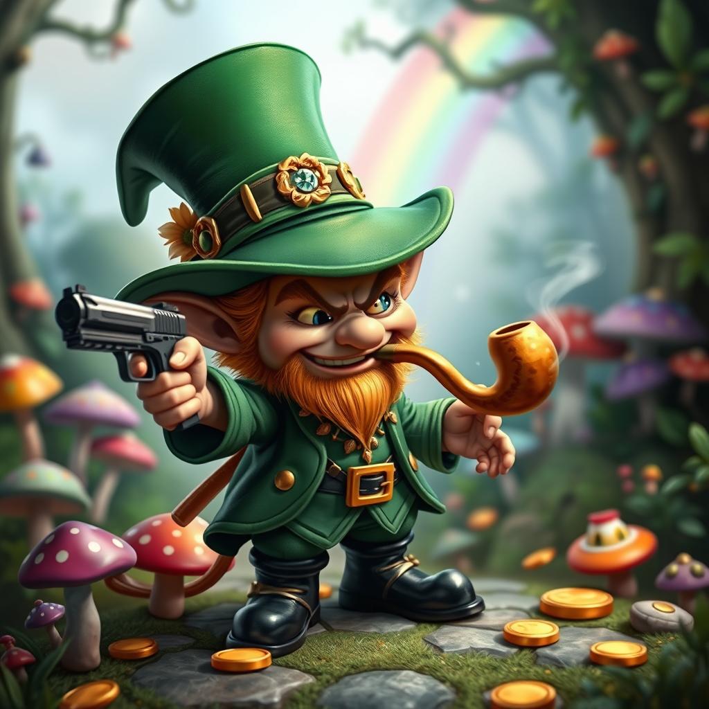 A small, cute, and funny fantasy Irish leprechaun with a mischievous smile, holding a shiny gun in one hand and a smoking pipe in the other