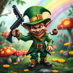 A small, cute, and funny fantasy Irish leprechaun with a mischievous smile, holding a shiny gun in one hand and a smoking pipe in the other