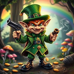 A small, cute, and funny fantasy Irish leprechaun with a mischievous smile, holding a shiny gun in one hand and a smoking pipe in the other