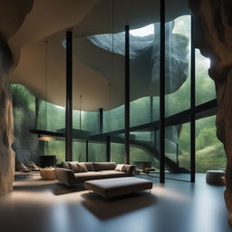 An architectural photograph of a modern glass house nestled within a dramatic cave interior adorned with Roman pillars