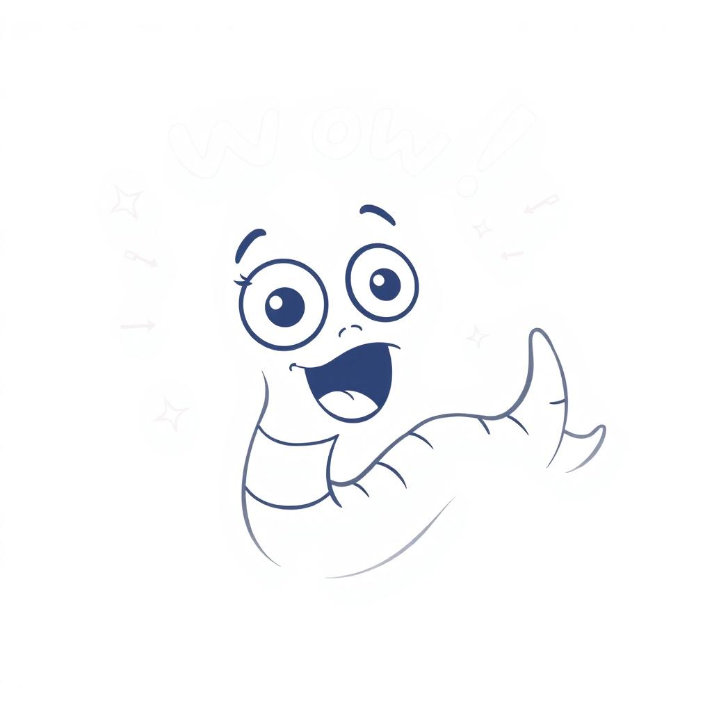 A quirky line drawing of a cartoon worm in a state of 'wow', showcasing its astonished expression with big round eyes and an open mouth