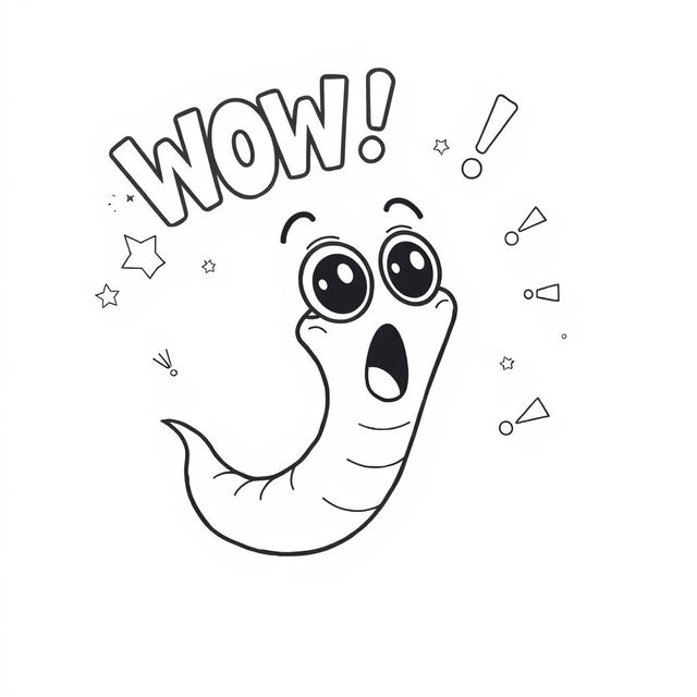 A quirky line drawing of a cartoon worm in a state of 'wow', showcasing its astonished expression with big round eyes and an open mouth