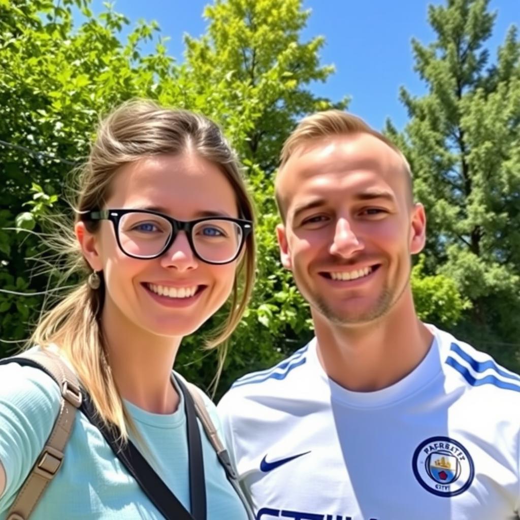 A young woman wearing stylish glasses poses for a photograph with Norwegian Manchester City football player Erling Braut Haaland