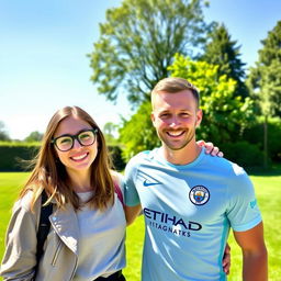 A young woman wearing stylish glasses poses for a photograph with Norwegian Manchester City football player Erling Braut Haaland