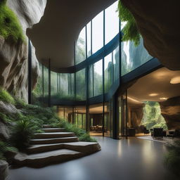 An architectural photograph of a modern glass house nestled within a dramatic cave interior adorned with Roman pillars