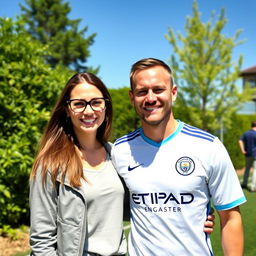 A young woman wearing stylish glasses poses for a photograph with Norwegian Manchester City football player Erling Braut Haaland