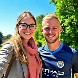 A young woman wearing stylish glasses poses for a photograph with Norwegian Manchester City football player Erling Braut Haaland