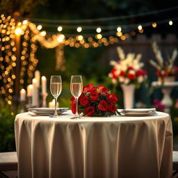 A romantic anniversary scene featuring a beautifully set dinner table in a candlelit garden with twinkling fairy lights overhead