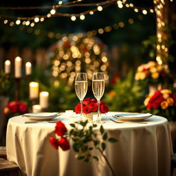 A romantic anniversary scene featuring a beautifully set dinner table in a candlelit garden with twinkling fairy lights overhead