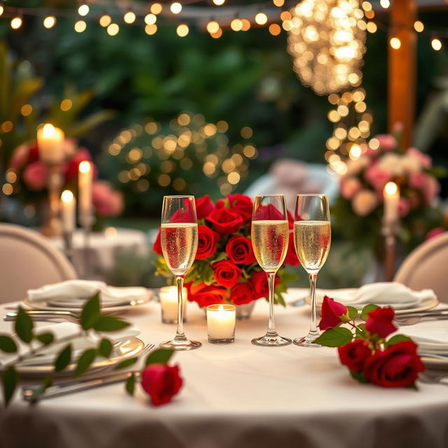 A romantic anniversary scene featuring a beautifully set dinner table in a candlelit garden with twinkling fairy lights overhead