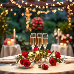 A romantic anniversary scene featuring a beautifully set dinner table in a candlelit garden with twinkling fairy lights overhead