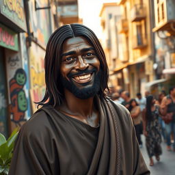 A captivating artistic representation of a black Jesus Christ with straight hair and blue eyes, smiling warmly as he stands in the lively neighborhood of Nazaré