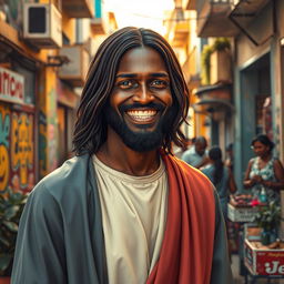 A captivating artistic representation of a black Jesus Christ with straight hair and blue eyes, smiling warmly as he stands in the lively neighborhood of Nazaré