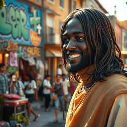 A captivating artistic representation of a black Jesus Christ with straight hair and blue eyes, smiling warmly as he stands in the lively neighborhood of Nazaré